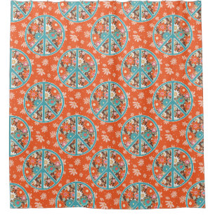 Cortina Para Box RETRO 60s 70s Hippy Floral Símbolo da Paz Laranja
