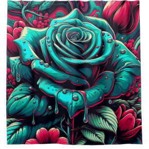 Cortina Para Box "Rosa Azul Estilizado com Gotas de Chuva"