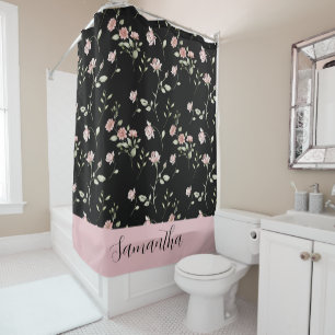 Cortina Para Box Rosa Bege Água-forte Floral Nome Preto
