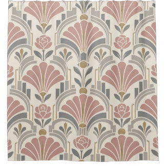 Cortina Para Box Rosa, Creme e Cinza Floral Art Déco
