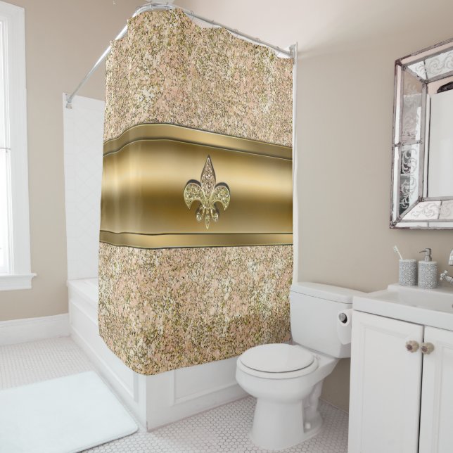Cortina Para Box Rosa & Dourado Brilho Glittery Fleur de lis Chic (In Situ)