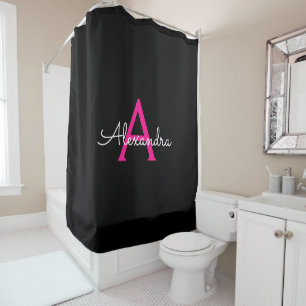 Cortina Para Box Rosa Quente Preto Feminino Nome Monograma Moderno