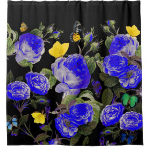 Cortina Para Box ROSAS AZUIS E BORRACHAS AMARELAS Pretas