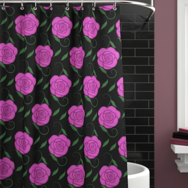 Cortina Para Box Rosas Cor-de-Rosa em Preto (Soft, romantic & feminine. Pink roses on black will make your bathroom romantically beautiful.)