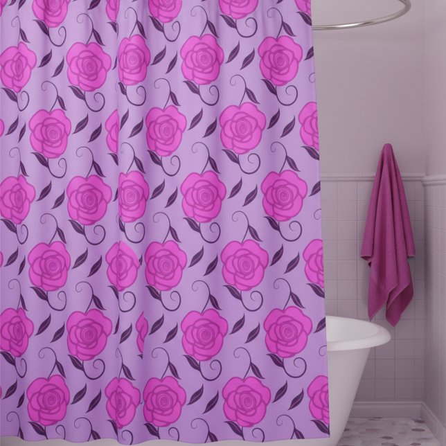 Cortina Para Box Rosas Cor-de-Rosa em Roxo (Soft, romantic & feminine. Pink roses on a pale purple background will make your bathroom beautiful.)