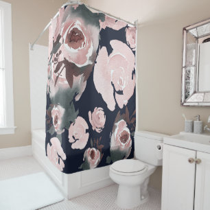 Cortina Para Box Rosas de Aquarela Rosa Flores Azul Marinho Escuro