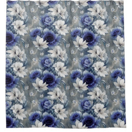 Cortina Para Box Rosas e Lírios Azuis e Brancos Elegantes