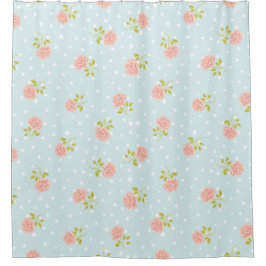 Cortina Para Box Rosas Pink Delicadas em Fundo Azul Claro com Ponto