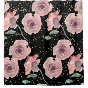 Cortina Para Box Rosas Rosa Esbranquiçadas com Faíscas Douradas em