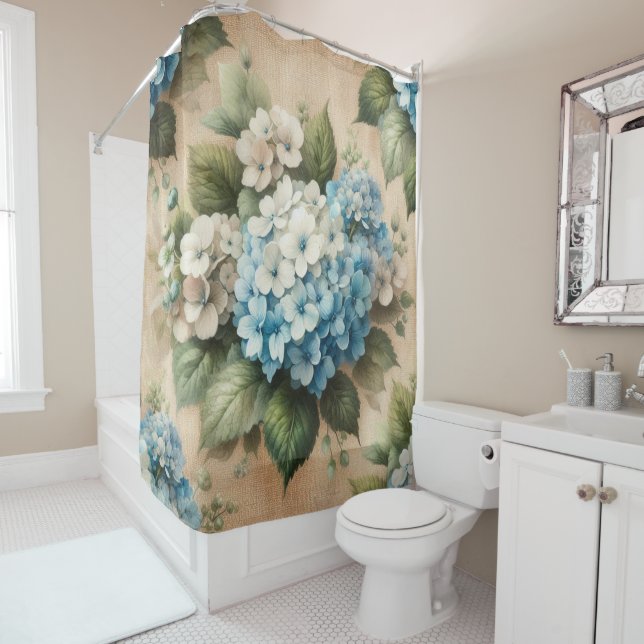 Cortina Para Box Rustic Blue Hydrangea  Floral Shower Curtain (In Situ)