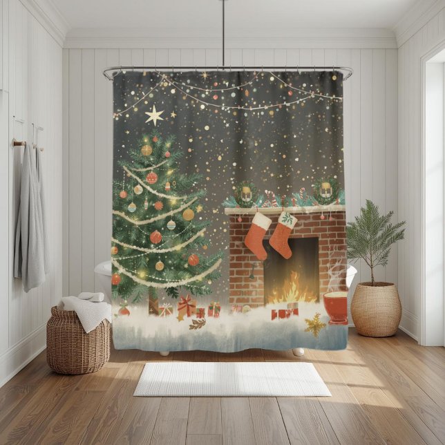 Cortina Para Box Rustic Christmas Tree and Fireplace Shower Curtain (Criador carregado)