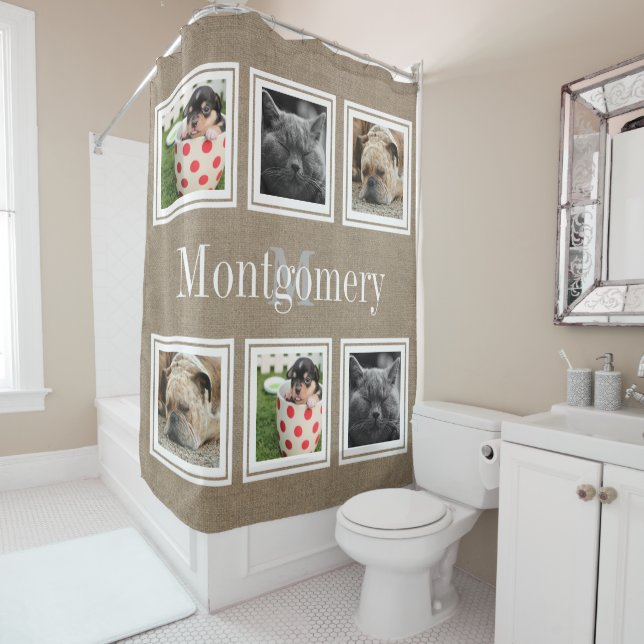 Cortina Para Box Rustic Faux Burlap 6 Family Photos & Family Name (In Situ)