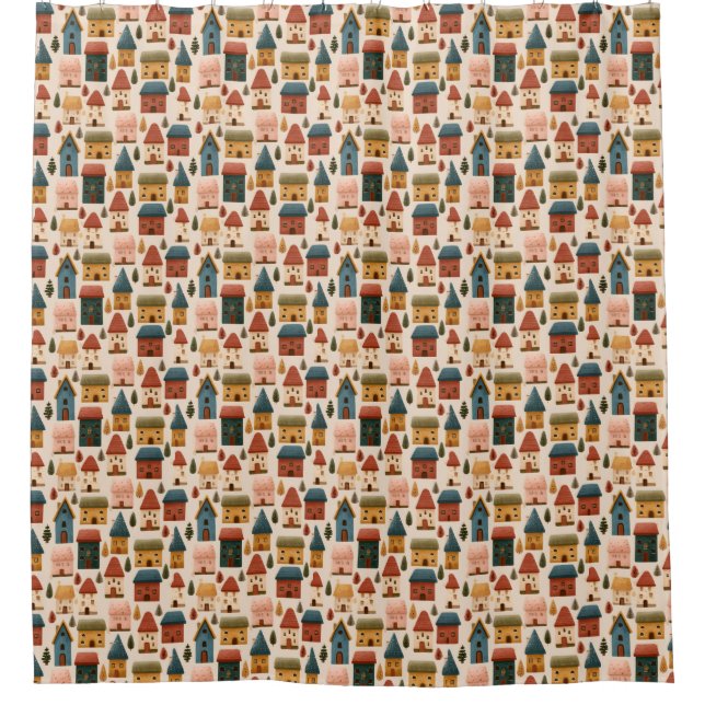 Cortina Para Box Rustic Festive Christmas Houses Seamless Pattern (Frente)