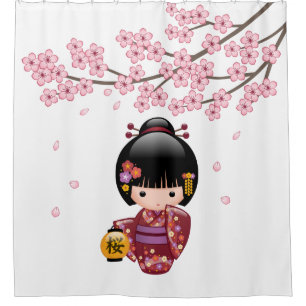 Cortina Para Box Sakura Kokeshi Doll Geisha Girl Cherry Blossom