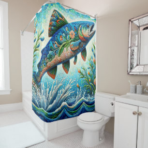 Cortina Para Box Salmão Jumping Mosaico Floral Azul Pêssego Verde