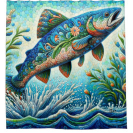 Cortina Para Box Salmão Jumping Mosaico Floral Azul Pêssego Verde