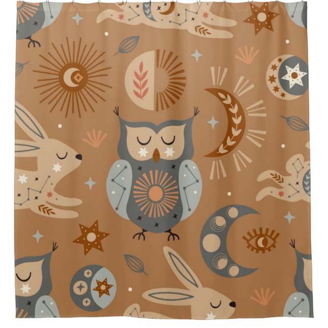 Cortina Para Box seamless pattern with celestial owl and hare (Frente)