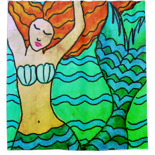 Cortina Para Box Sereia com Abstrato de Arte de Cabelo Laranja