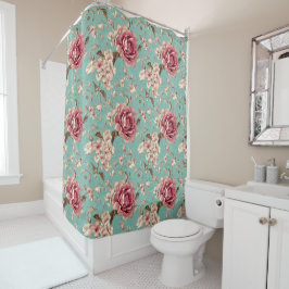 Cortina Para Box Shabby Chic Pink and White Florals on Teal