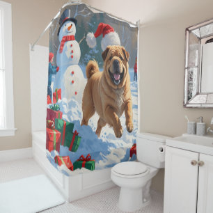 Cortina Para Box Shar Pei Correndo na Neve com Chapéu de Natal