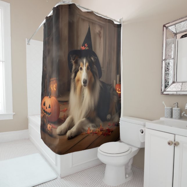 Cortina Para Box Shetland Sheepdog Pumpkins Halloween Assustado (In Situ)