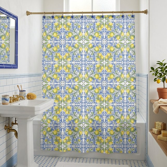 Cortina Para Box Sicilian Lemon Blue Majolica Tile Shower Curtain (Sicilian Lemon Blue Majolica Tile Shower Curtain)