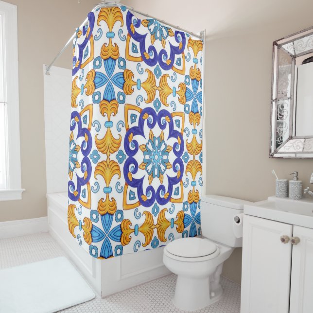 Cortina Para Box Sicilian Vibrant Majolica Scrollwork Mediterranean (In Situ)