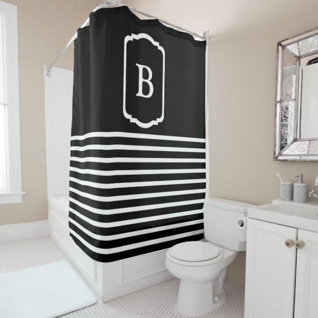Cortina Para Box Simple Black and White Horizontal Stripes Monogram (In Situ)