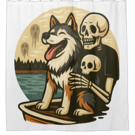Cortina Para Box Skeleton with Dog on Haunted Lake Horror Art