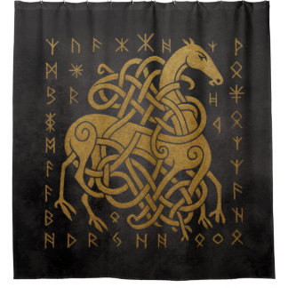 Cortina Para Box Sleipnir, Cavalo Nórdico Dourado com Símbolo de Ru