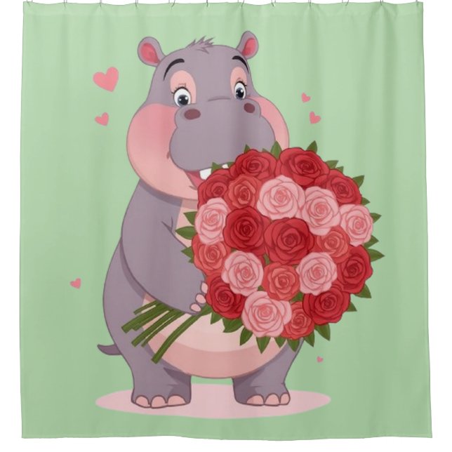 Cortina Para Box Smiling cartoon hippo holding a huge bouquet  (Frente)