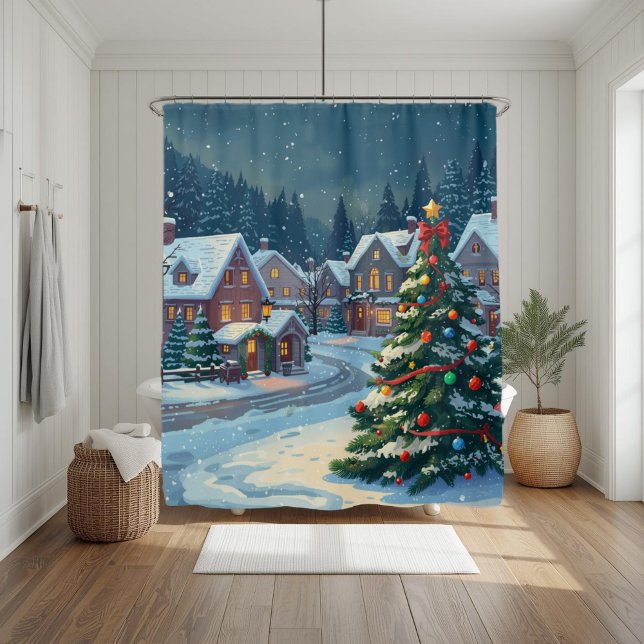Cortina Para Box Snowy Christmas Village Holiday Shower Curtain (Criador carregado)