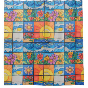Cortina Para Box Sol e flores do mosaico de praia