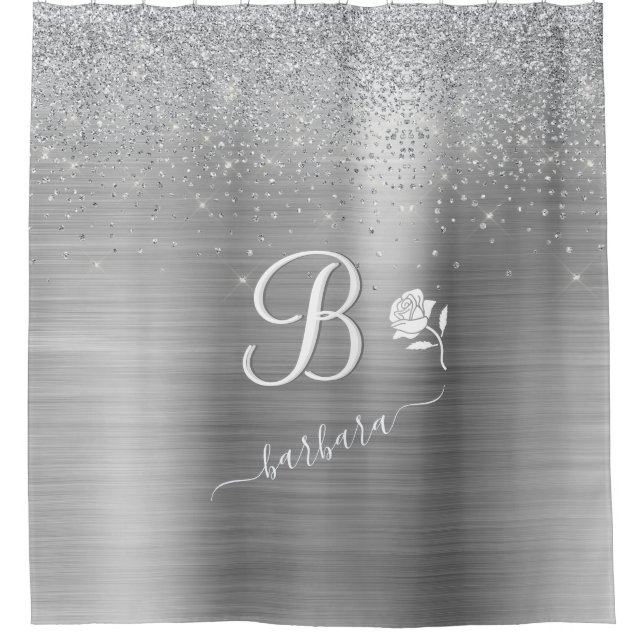 Cortina Para Box Sparkle Silver Monograma Personalizado Elegante (Frente)
