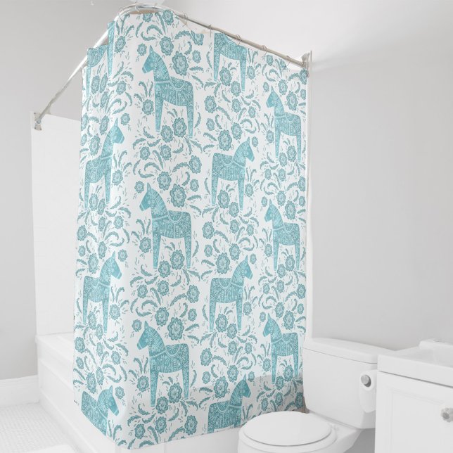 Cortina Para Box Sueco Dala Horse Teal Green e White (Teal green and white Swedish Dala Horse folk art pattern shower curtain)