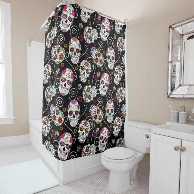 Cortina Para Box Sugar Skulls and Swirls Rosa Black ID725 (In Situ)