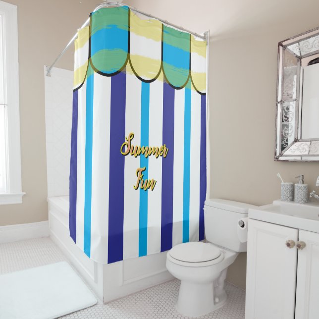 Cortina Para Box Summer Cabana Blue White Yellow Stripes (In Situ)