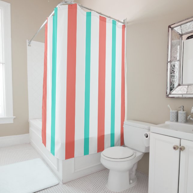 Cortina Para Box Summer Coral Turquoise White Vertical Stripes (In Situ)