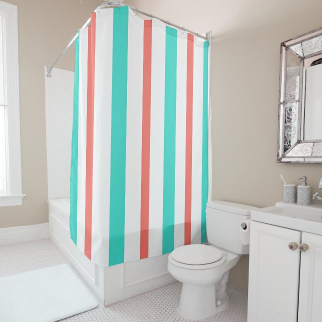Cortina Para Box Summer Turquoise Coral White Vertical Stripes (In Situ)