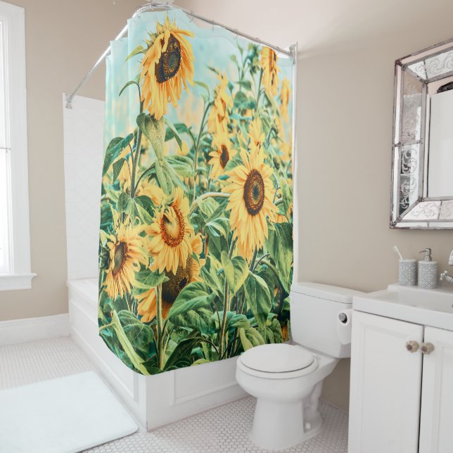 Cortina Para Box Sunflower Field Yellow Teal Floral Art Design (In Situ)