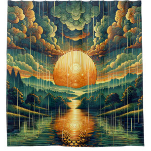 Cortina Para Box "Sunset Estilizado com Reflexões de Verde e Dourad