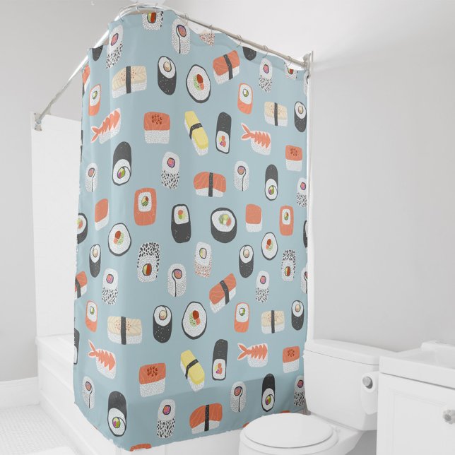 Cortina Para Box Sushi Nigiri Maki Roll Pattern (Japanese sushi pattern shower curtain)