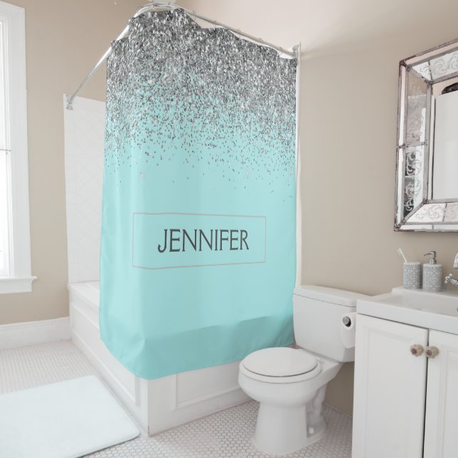 Cortina Para Box Teal Aqua Blue Silver Glitter Girly Monographic No (In Situ)