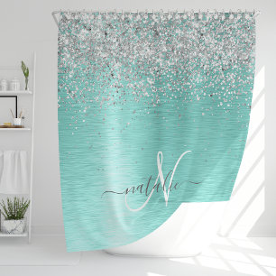Cortina Para Box Teal Brugado Metal Silver Glitter Nome Monograma