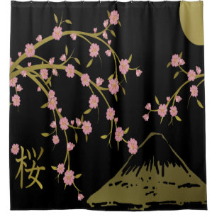 Cortina Para Box Tela Japonesa Rosa Sakura Dourado Preto