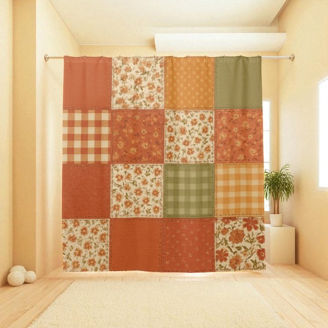 Cortina Para Box Terracotta Orange Patchwork Quilt Rustic Farmhouse (Terracotta Orange Patchwork Quilt Rustic Farmhouse Shower Curtain)