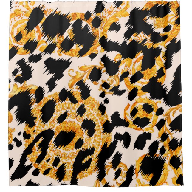 Cortina Para Box Textura leopardo com padrão barroco-ouro (Frente)