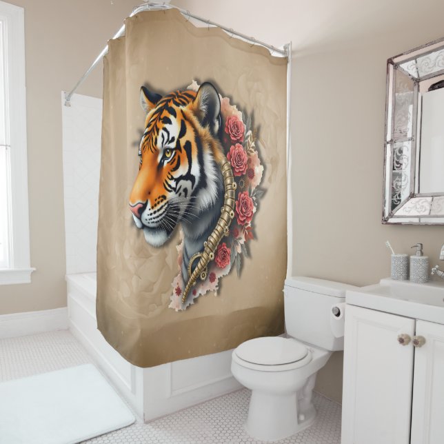 Cortina Para Box Tigre Steampunk com Ilustração de Rosas. (In Situ)