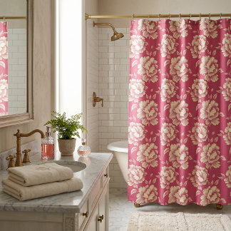 Cortina Para Box Toalete de Peônia Rosa e Creme - Decoração Country