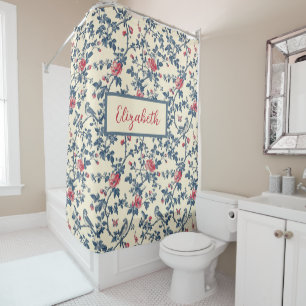Cortina Para Box Toile de Jouy Floral de Azul e Vermelho e Aves